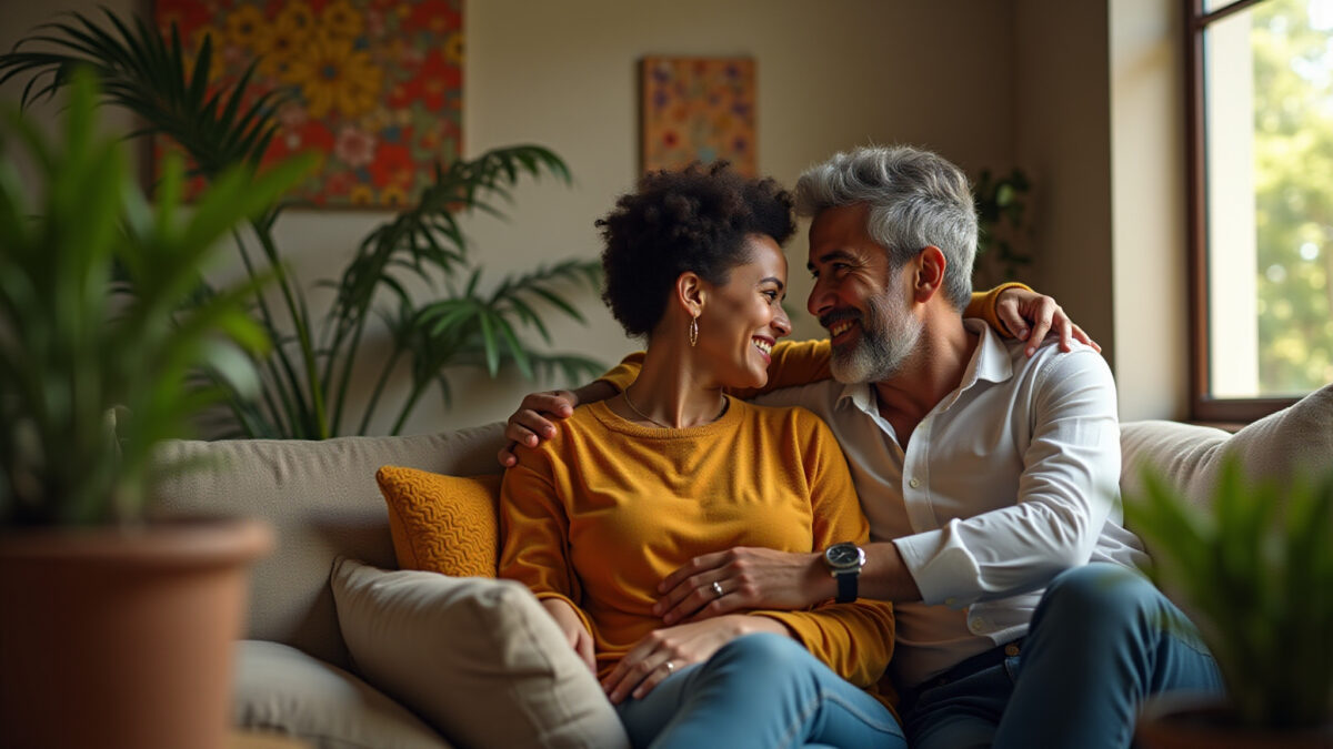 Relacionamentos Saudáveis em 2026: Guia Definitivo para uma Vida Amorosa Plena Casal brasileiro sorrindo, conectado, em sala aconchegante com decoração vibrante, refletindo relacionamento saudável e...