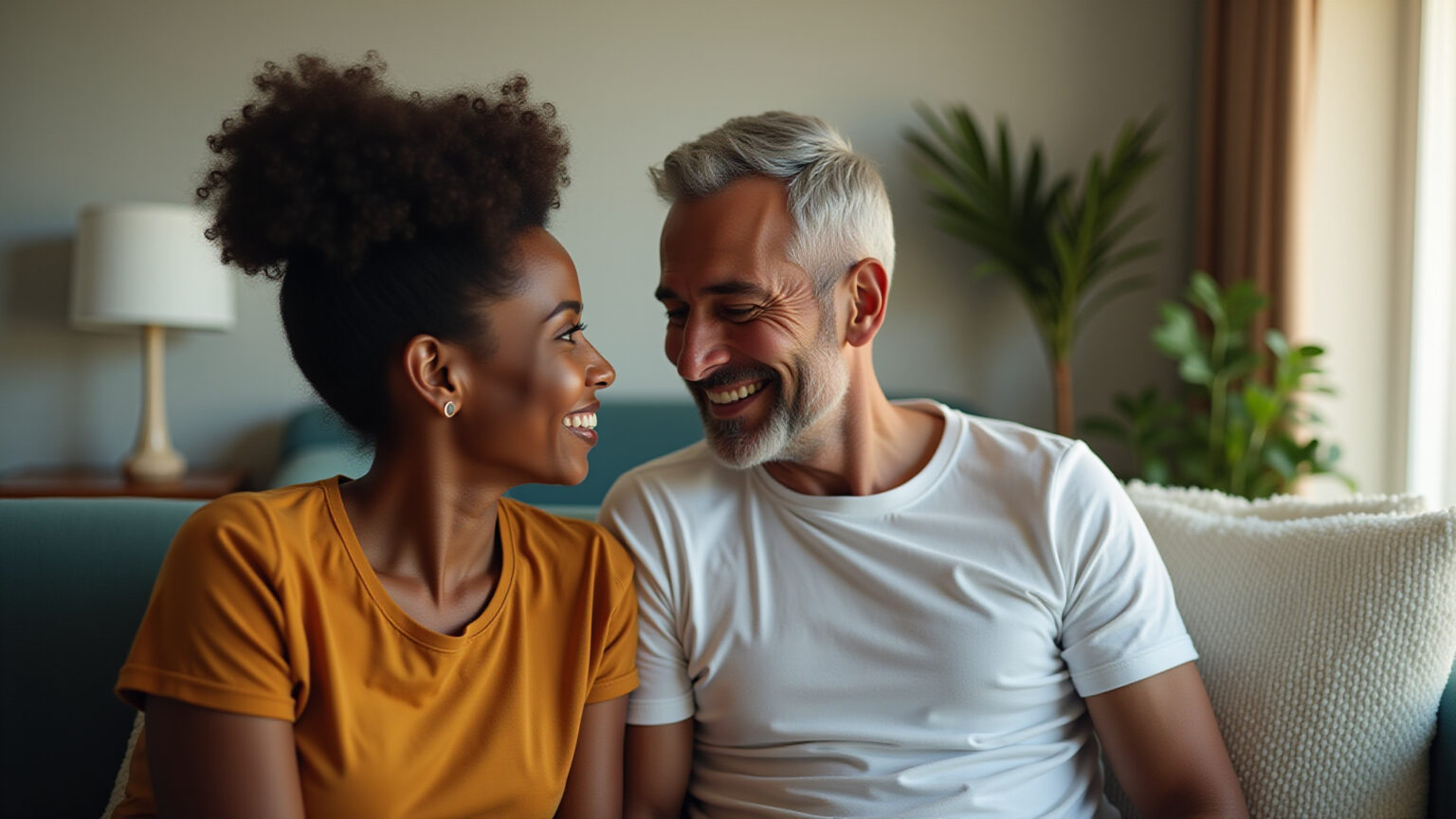 Casal brasileiro diverso em momento de conexão e compreensão, superando desafios no casamento.