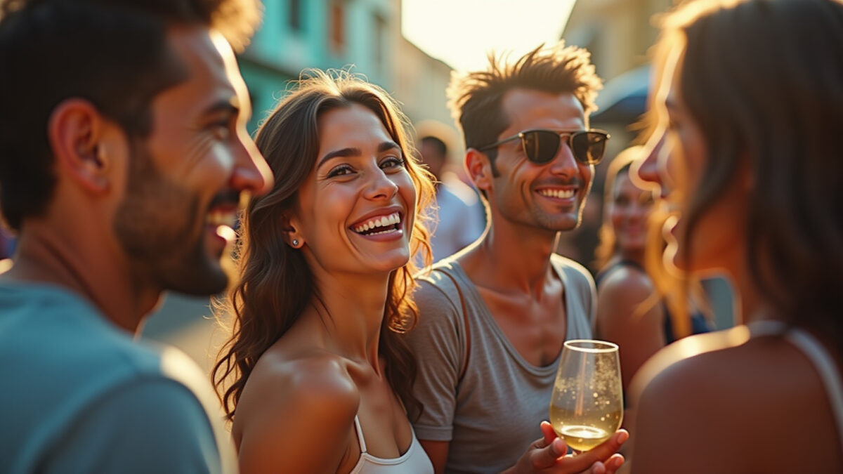 Como o marketing transforma destinos comuns em experiências desejadas Pessoas sorrindo e interagindo em um destino turístico comum transformado em experiência desejada.