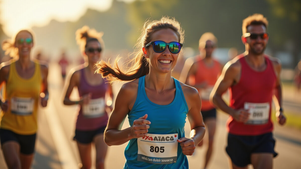 Óculos esportivo para correr: o que muda em relação a um modelo comum Corredores brasileiros sorrindo e usando óculos de sol esportivos durante uma corrida.