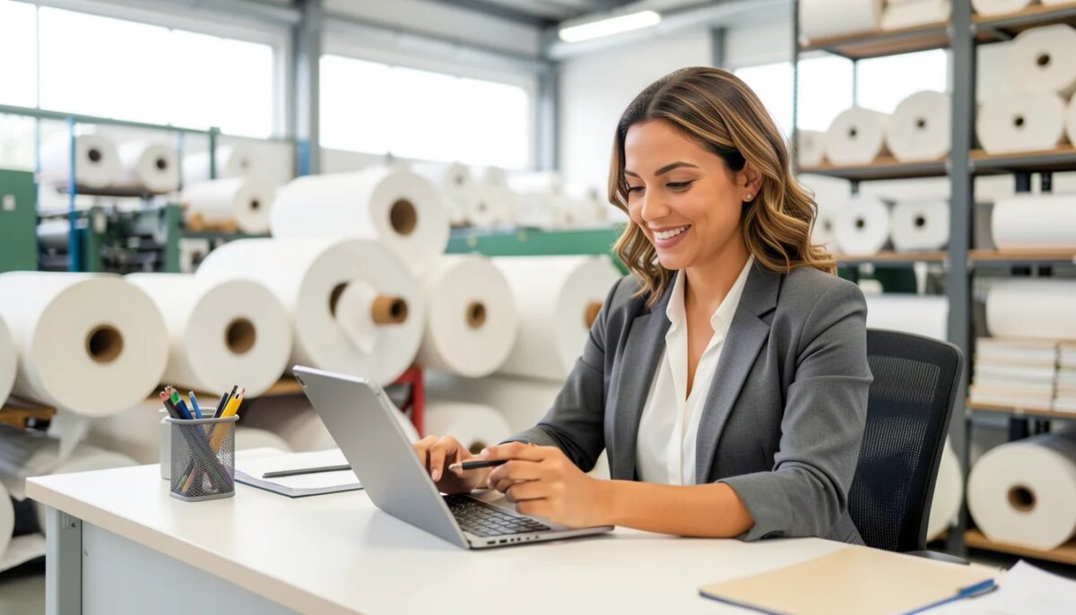 Gestora sorrindo usando tablet em fábrica de papel organizada