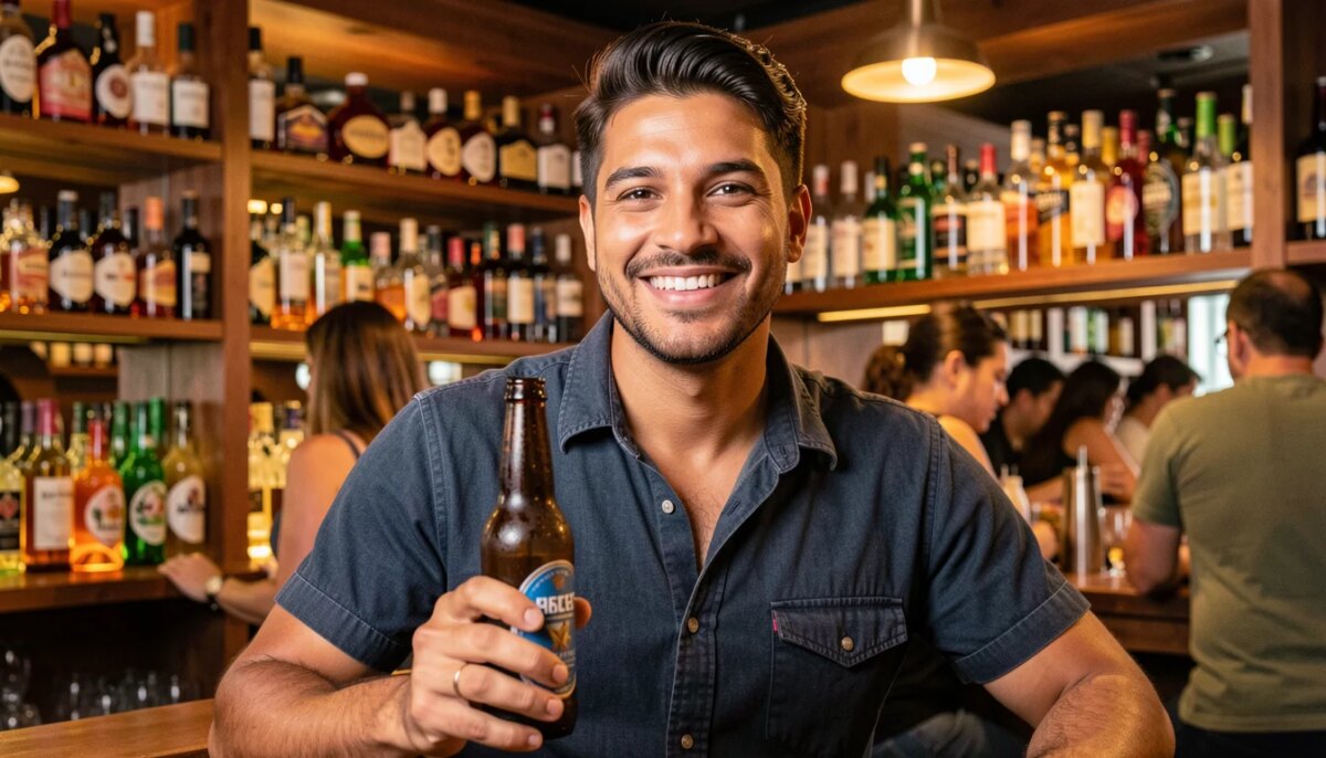 Homem sorrindo segurando cerveja artesanal em bar com variedade de bebidas.