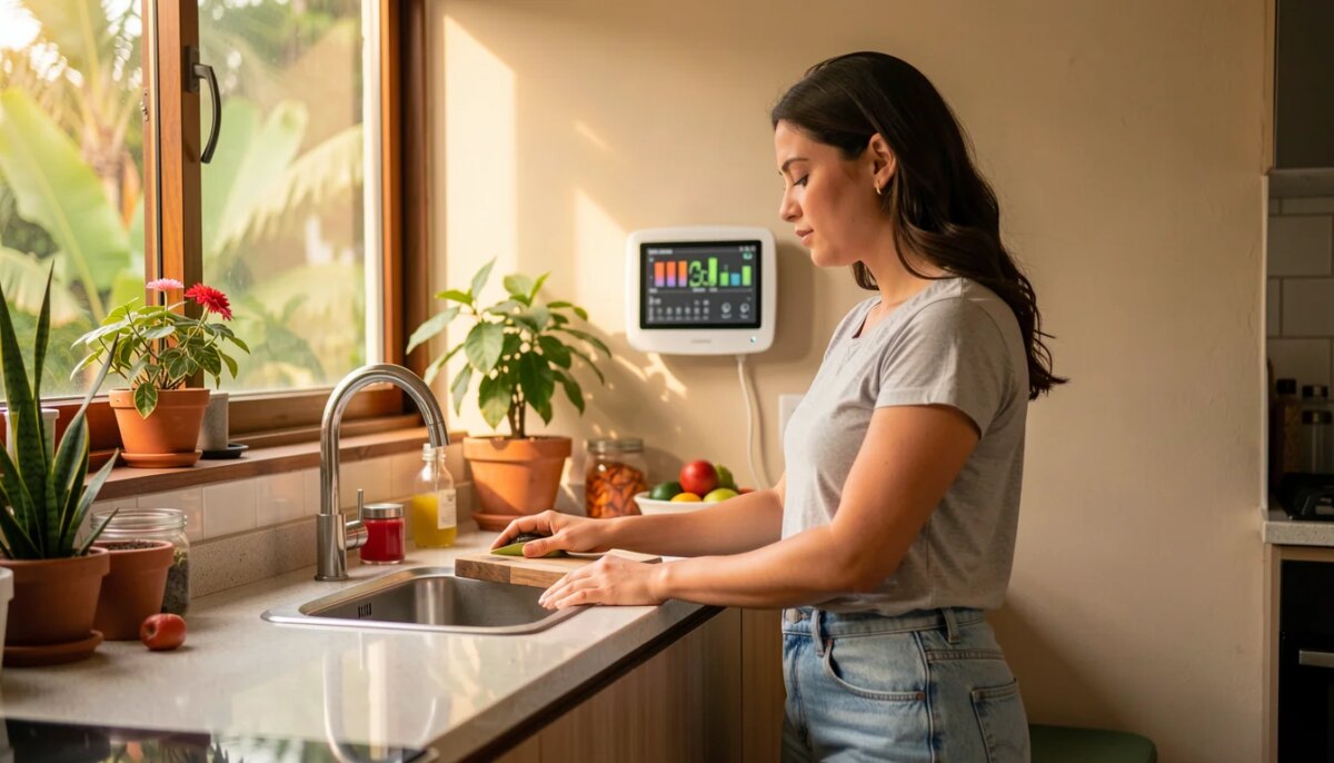 Casa funcional no dia a dia: como planejar energia, manutenção e equipamentos Mulher organizando cozinha moderna com monitor de energia na parede