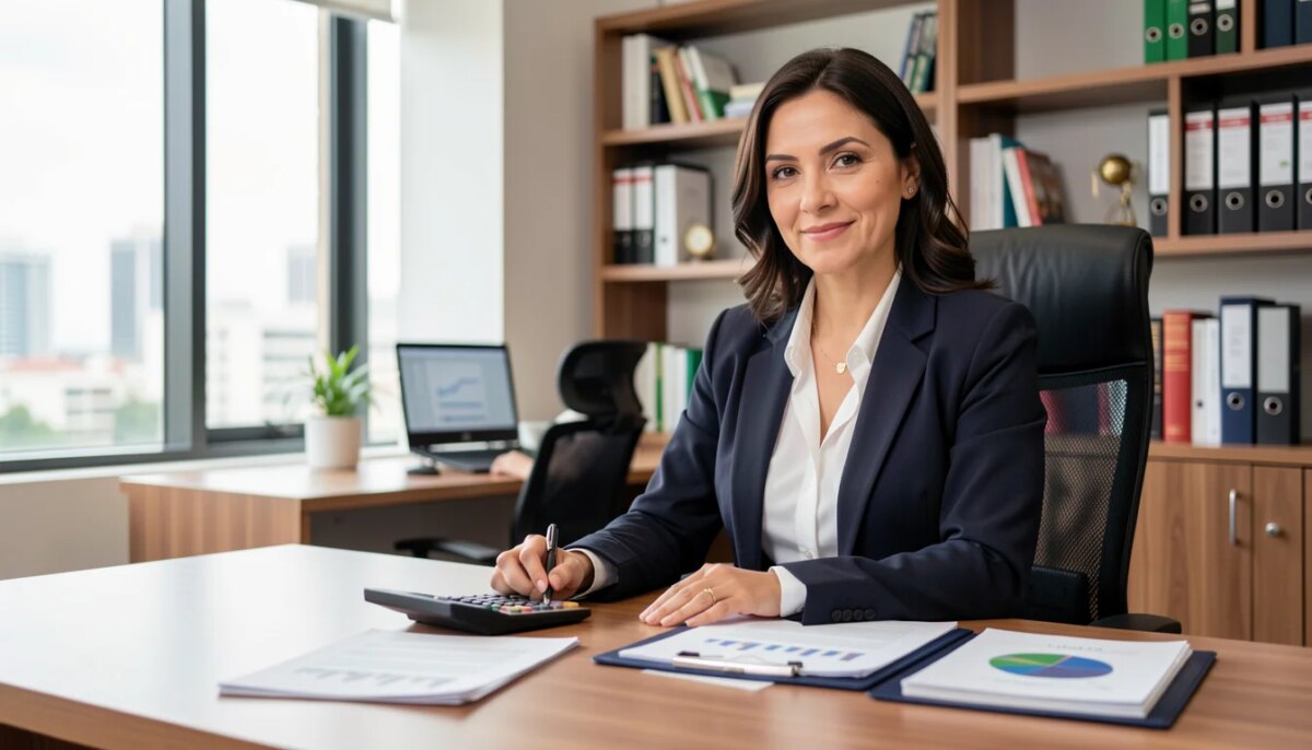 Contador para Sociedade de Advogados: Qual Regime Tributário Escolher Advogada brasileira analisando documentos financeiros em escritório moderno