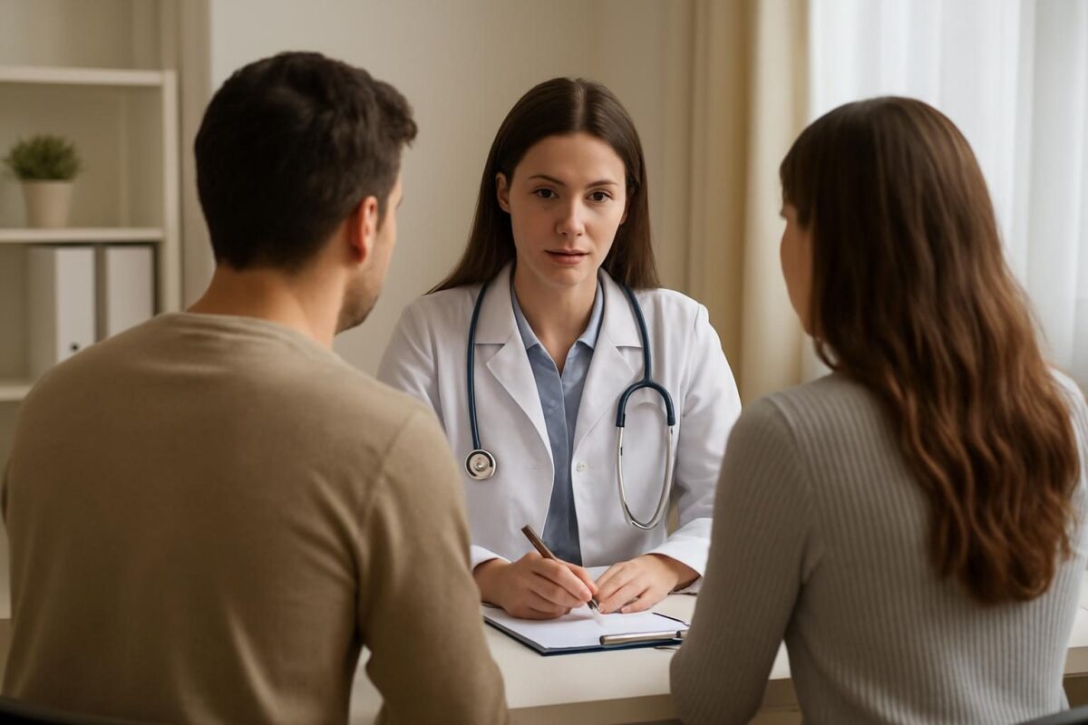 Família conversando com profissional de saúde em consultório durante uma avaliação
