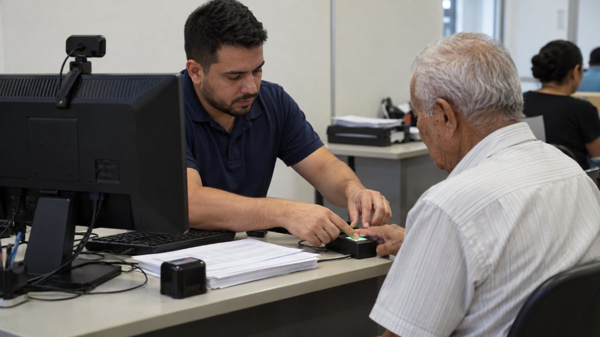 Atendente coleta impressão digital de idoso em leitor biométrico durante emissão de identidade