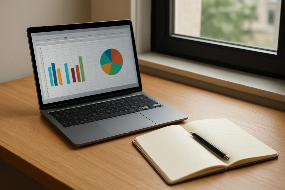 Notebook aberto com planilha e gráficos sobre uma mesa de estudo organizada