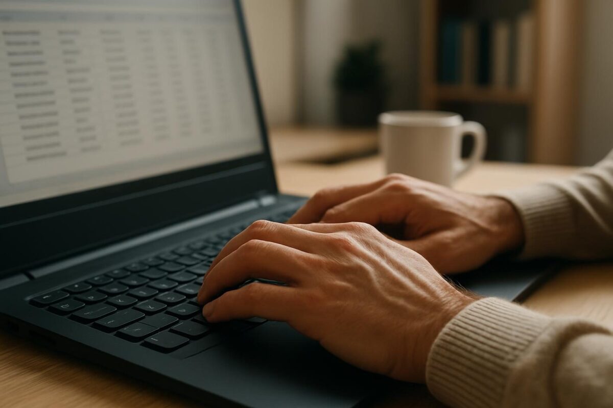 Mãos digitando no teclado de um notebook com uma tabela de dados na tela