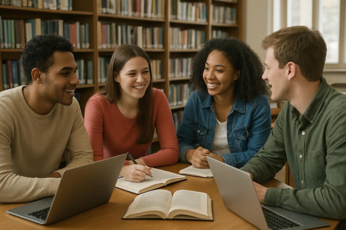 Grupo de estudantes com laptops e livros em uma mesa de biblioteca praticando conversação