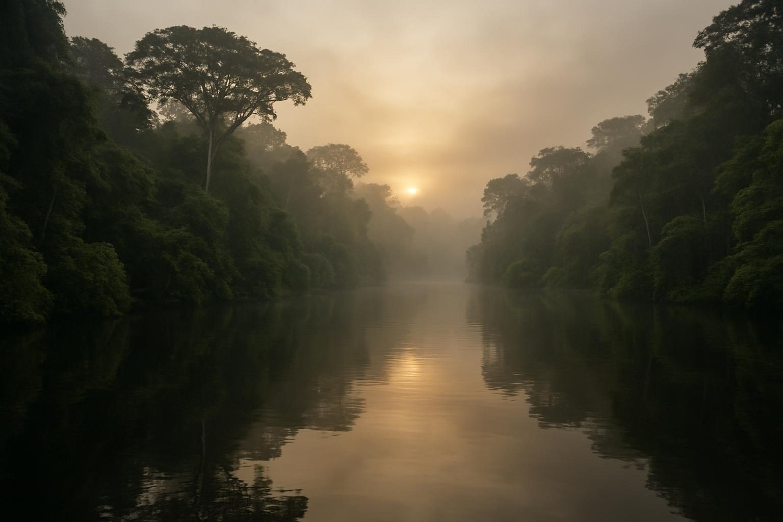 Rio amazônico com névoa ao amanhecer, cenário das lendas do Boto e da Iara