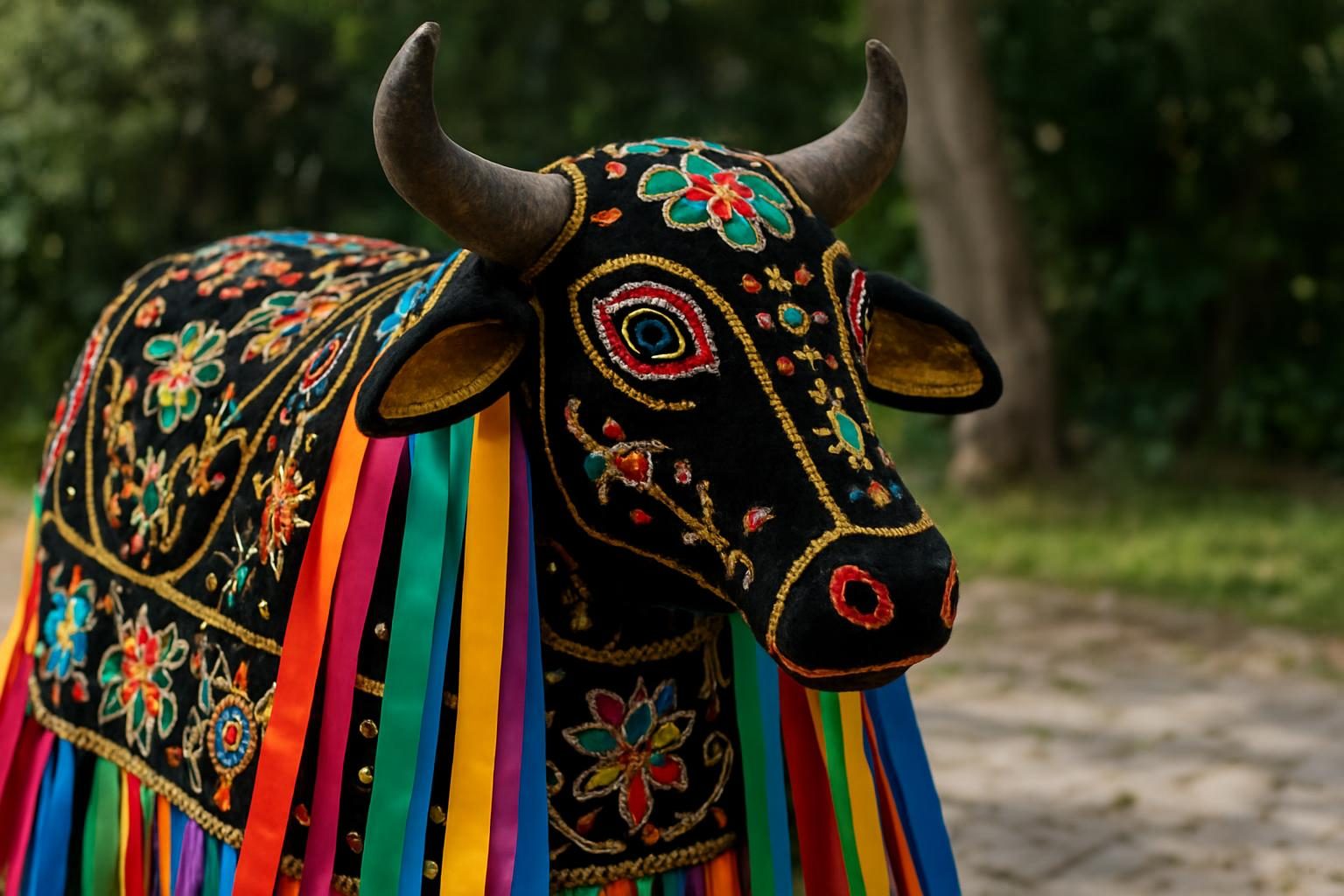 Boi artesanal bordado e enfeitado com fitas, usado em festas de bumba-meu-boi