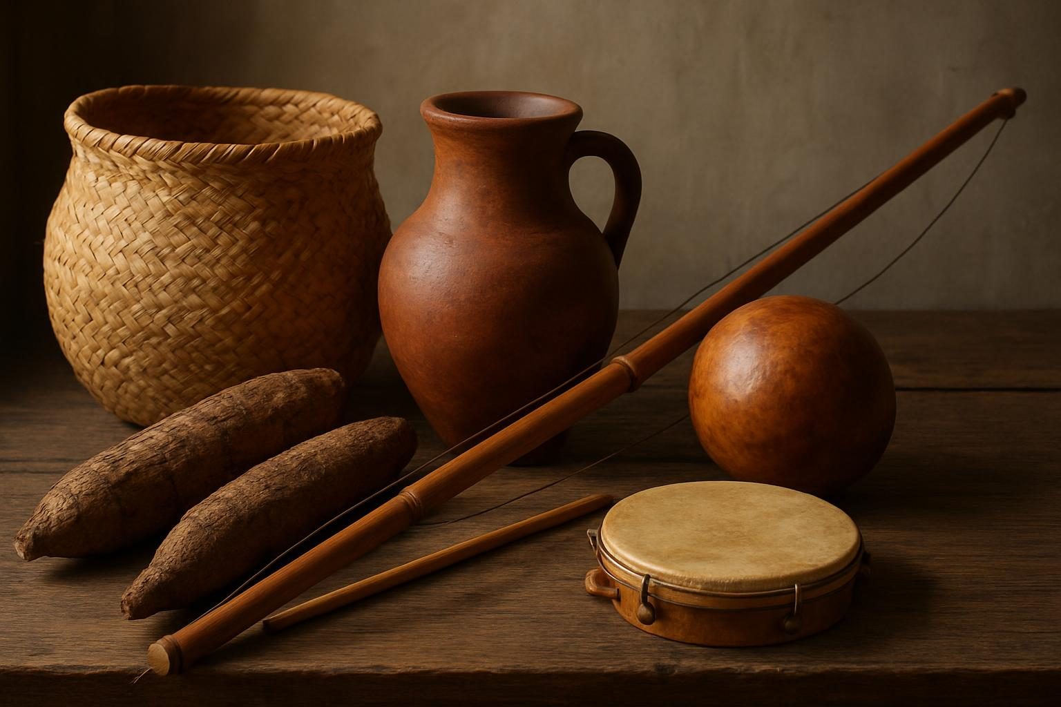 Objetos tradicionais que simbolizam as heranças indígena, africana e europeia no folclore brasileiro