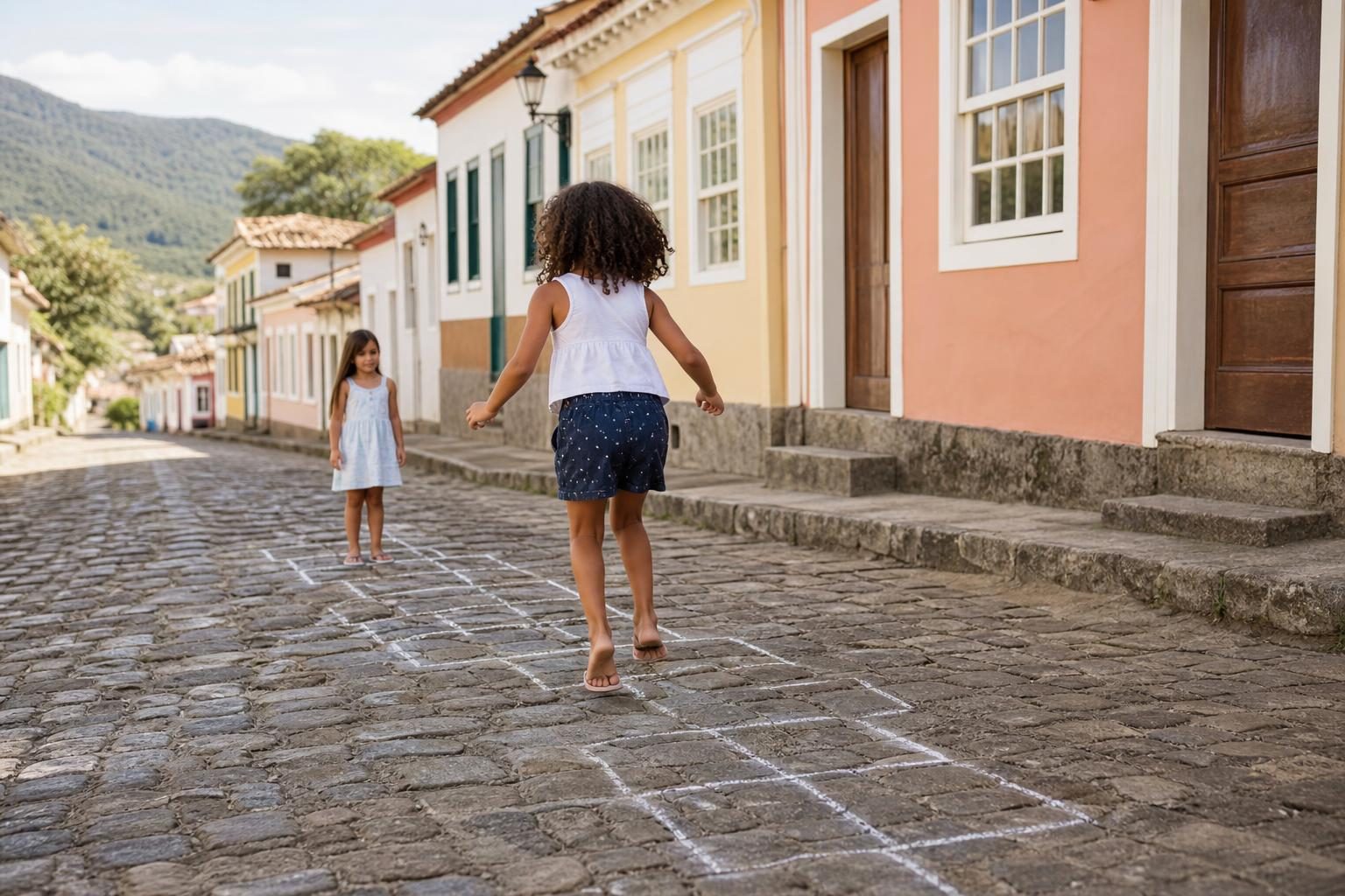 Crianças brincando de amarelinha em rua de pedra de uma cidade brasileira