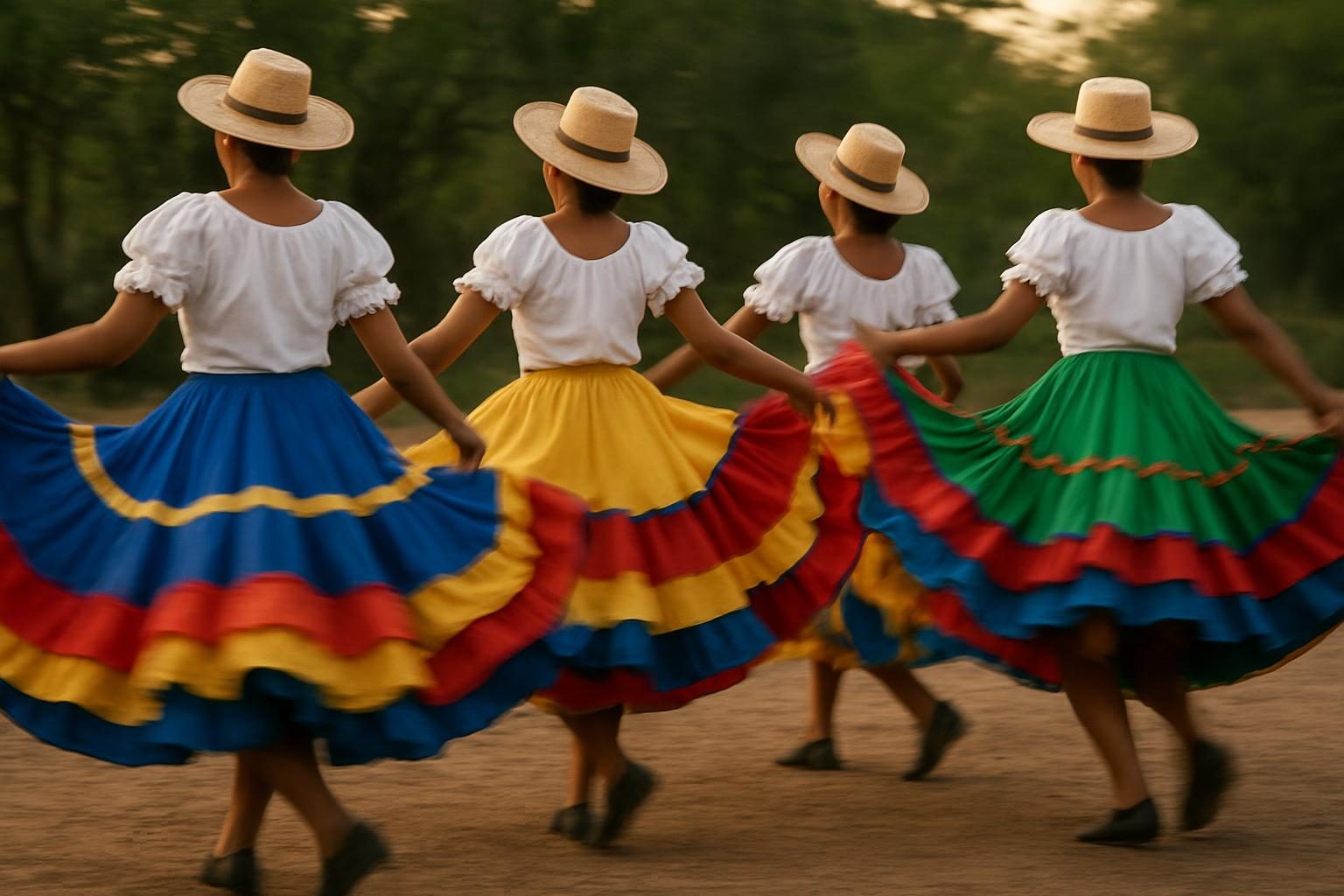 Dançarinos com saias rodadas e chapéus de palha em dança folclórica brasileira