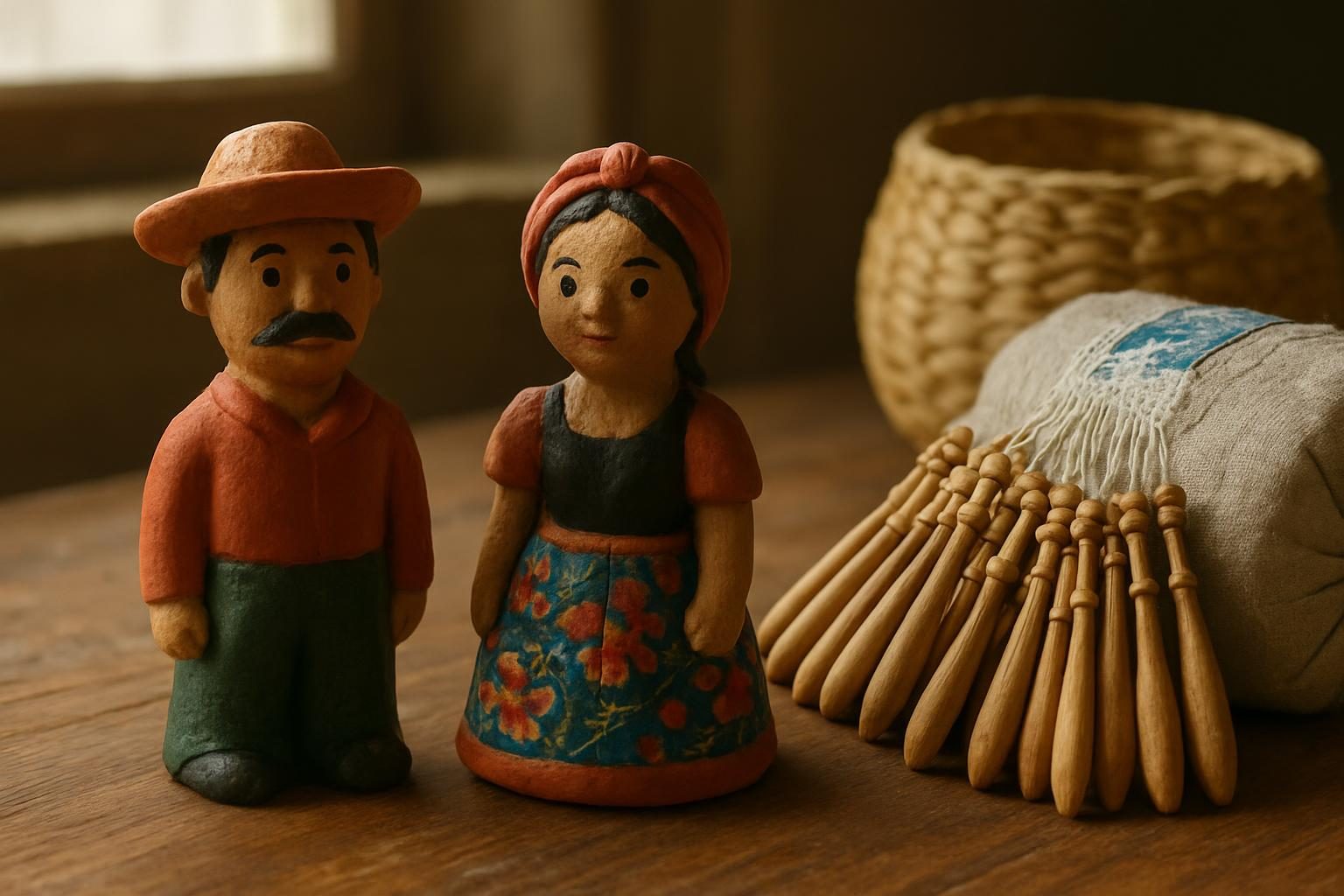 Artesanato popular brasileiro com bonecos de barro, renda de bilro e cesto de palha