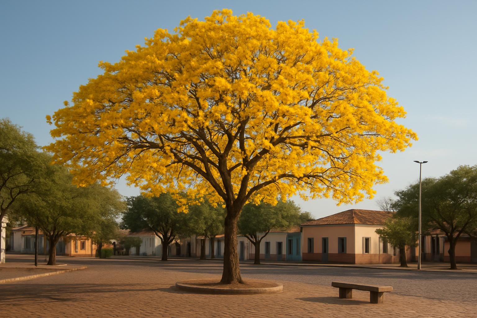 Ipê amarelo florido em uma praça, exemplo de referente de uma palavra