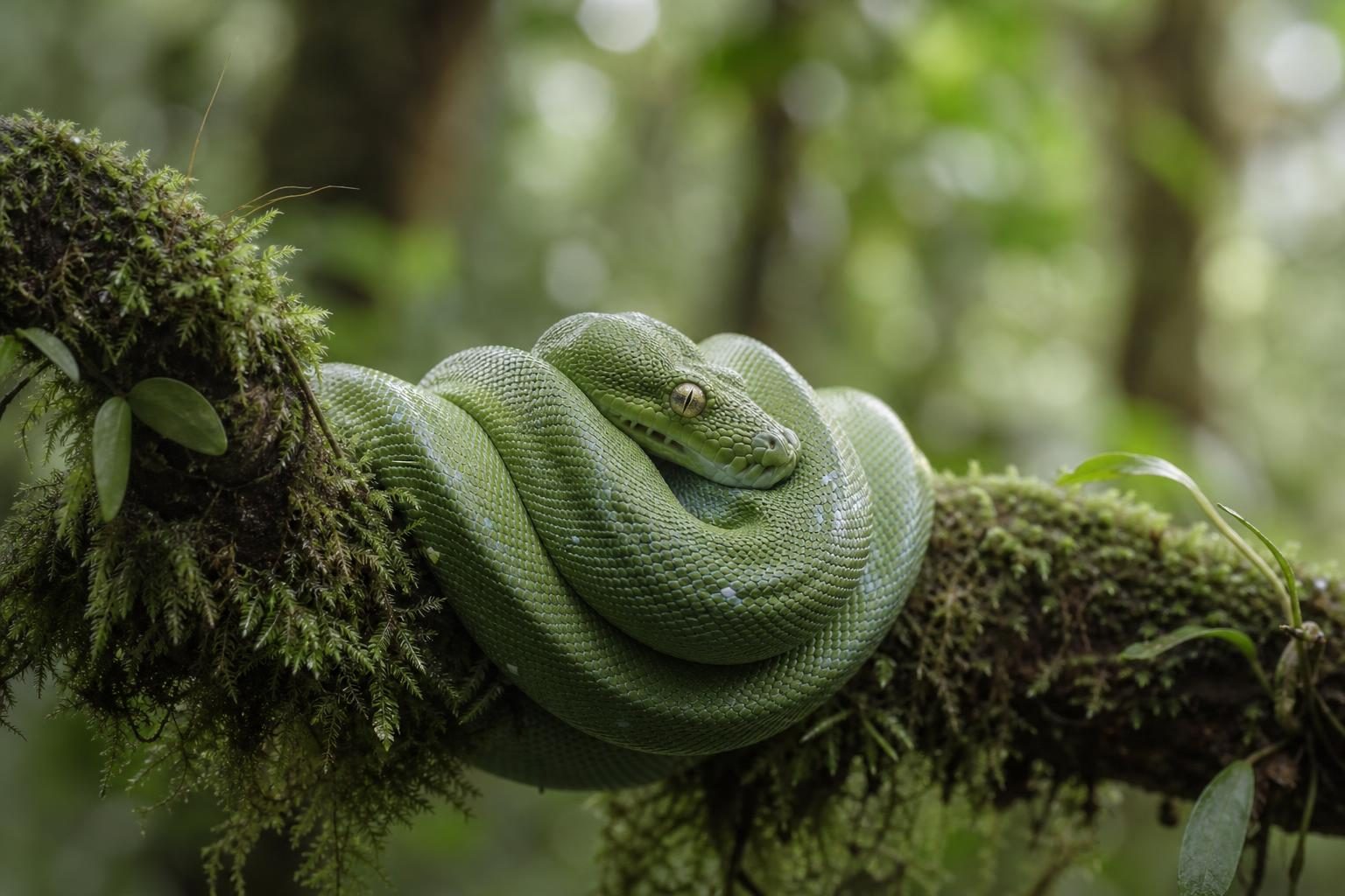 Cobra verde enrolada em um galho na mata, símbolo frequente nos sonhos