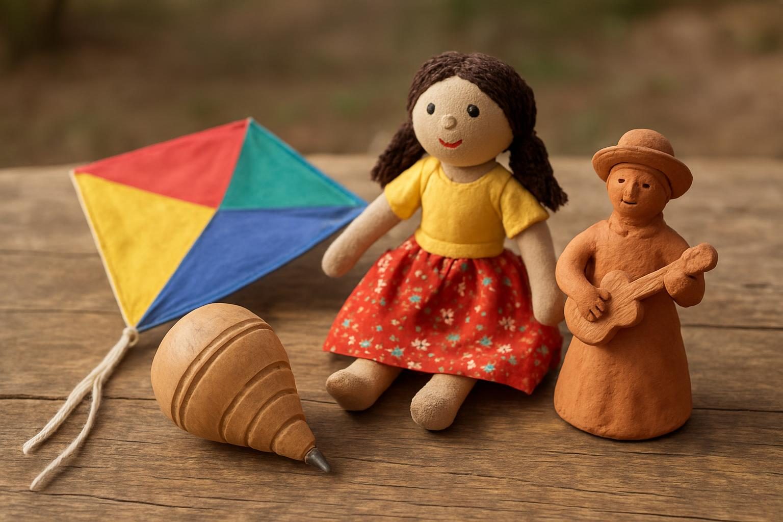 Brinquedos artesanais tradicionais como pião, pipa e boneca de pano, parte do folclore brasileiro