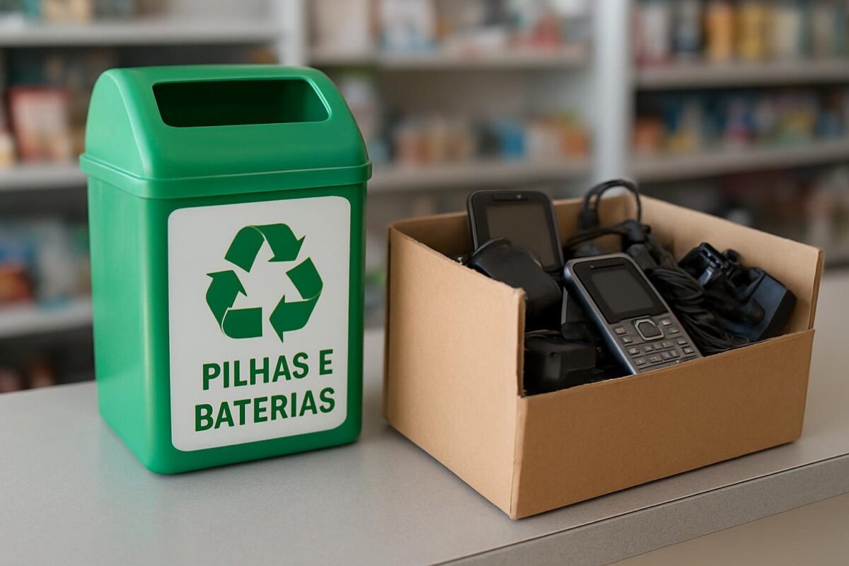Coletor de pilhas e baterias em loja, ao lado de celulares antigos e carregadores para descarte