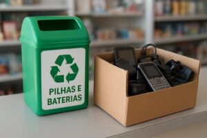 Coletor de pilhas e baterias em loja, ao lado de celulares antigos e carregadores para descarte