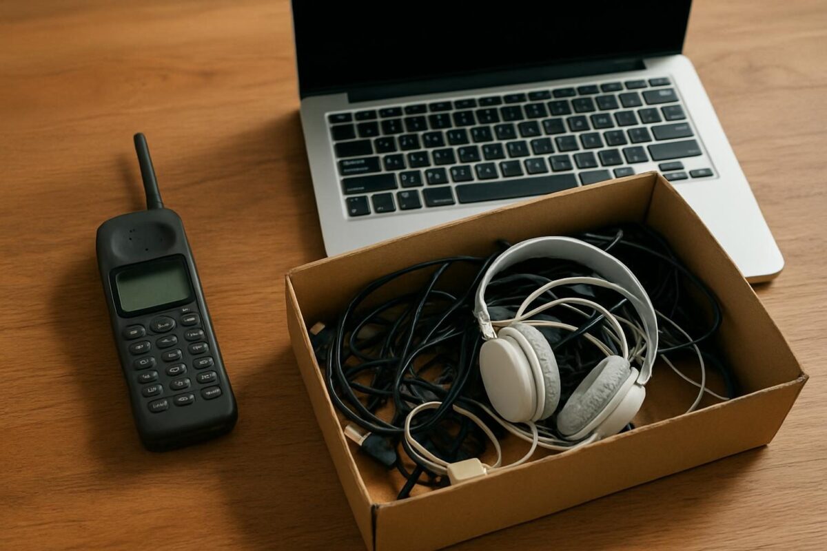 Caixa com celular, notebook e cabos antigos separados para levar a um ponto de coleta