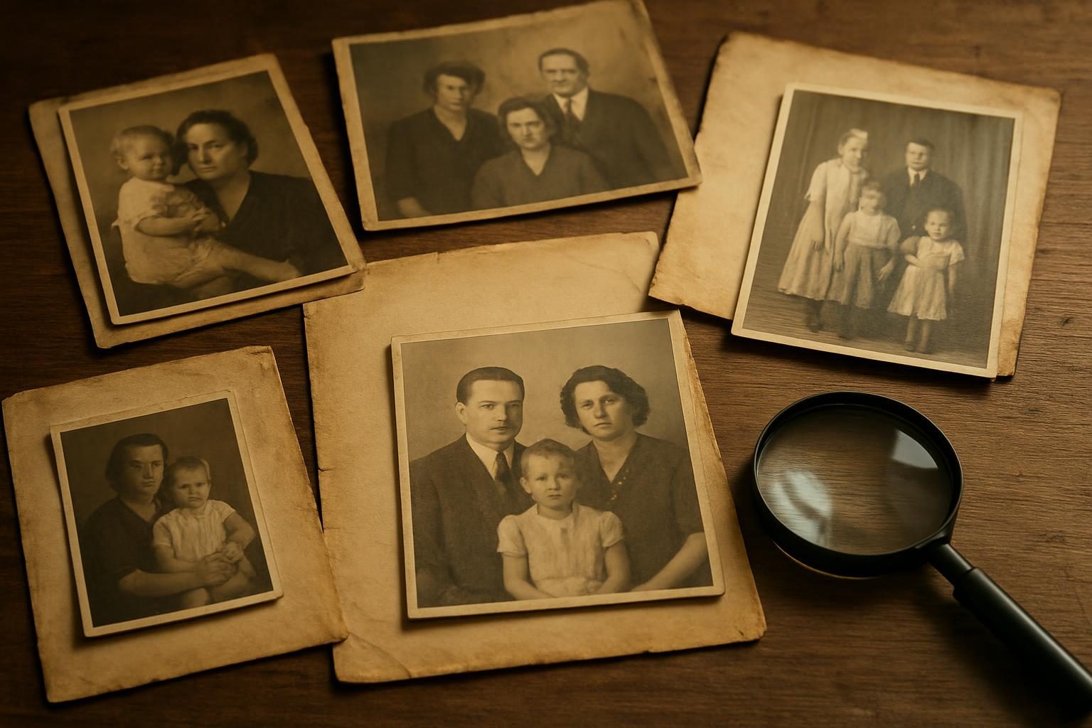 Fotografias antigas de família e documentos sobre a mesa, simbolizando a pesquisa da origem de sobrenomes