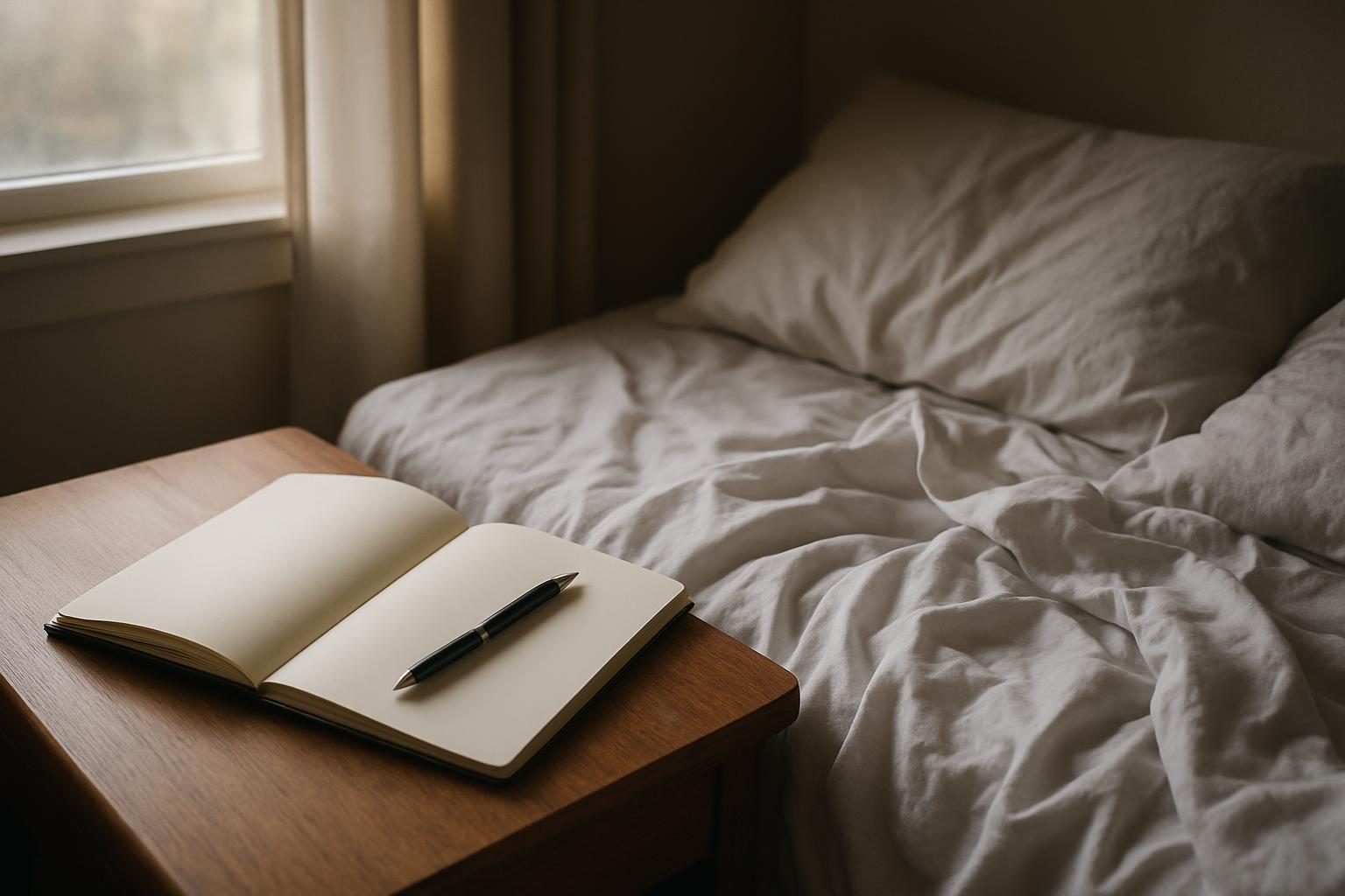 Caderno aberto na mesa de cabeceira ao amanhecer, usado como diário de sonhos