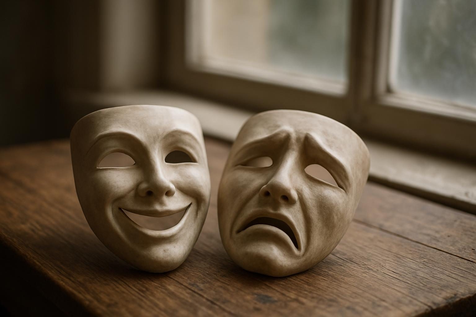 Máscaras de teatro sobre uma mesa, simbolizando os papéis sociais que aparecem nos sonhos