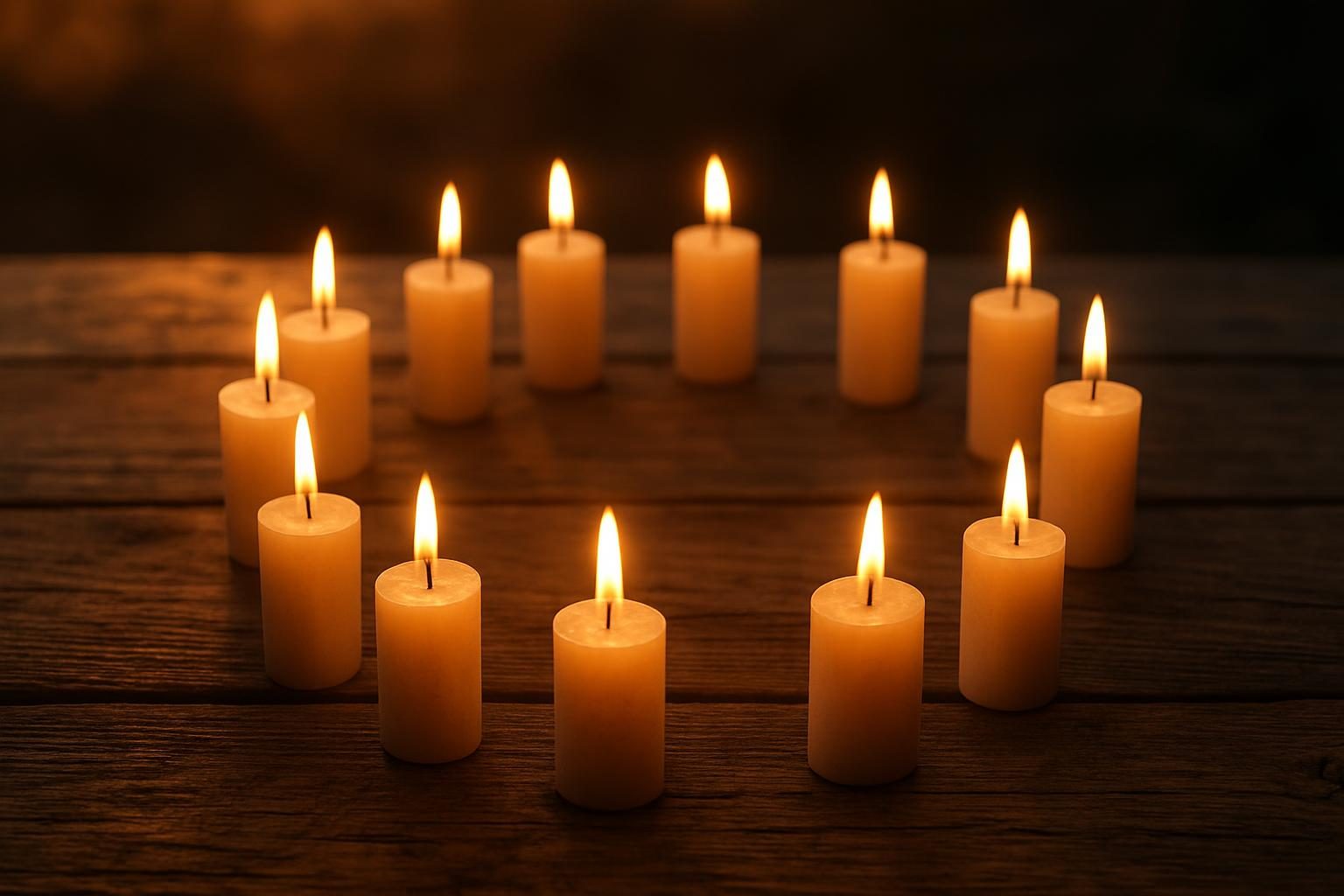 Doze velas acesas dispostas em círculo sobre uma mesa de madeira