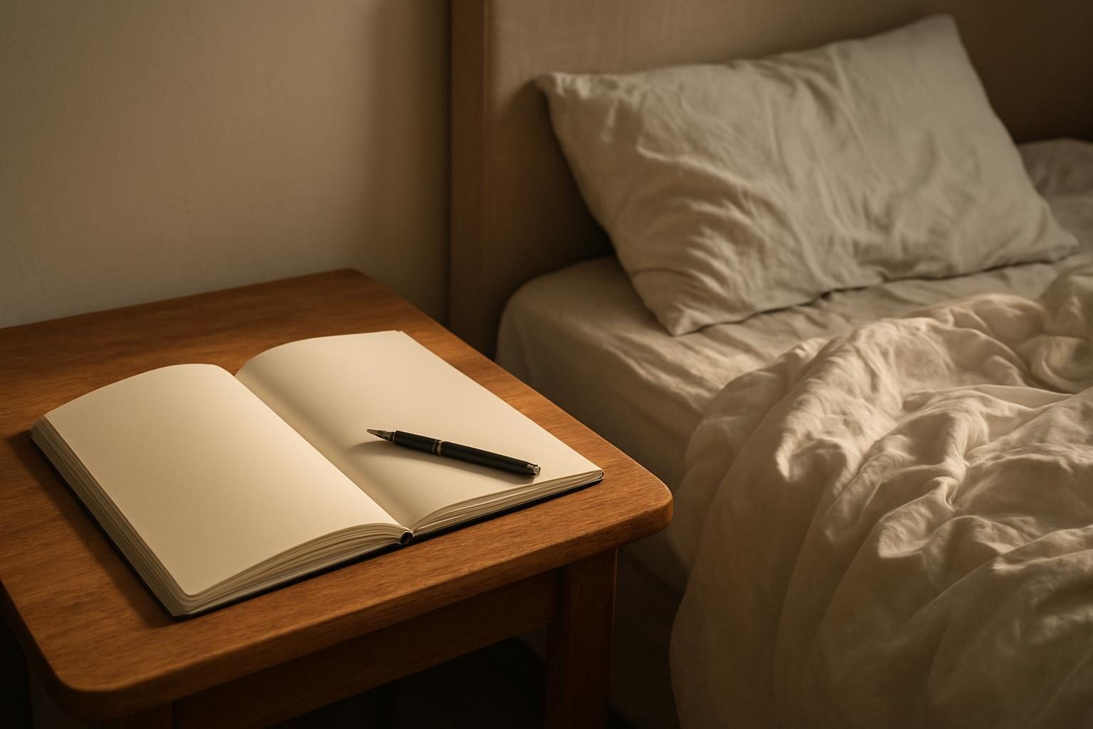 Caderno aberto ao lado da cama para anotar sonhos logo ao acordar
