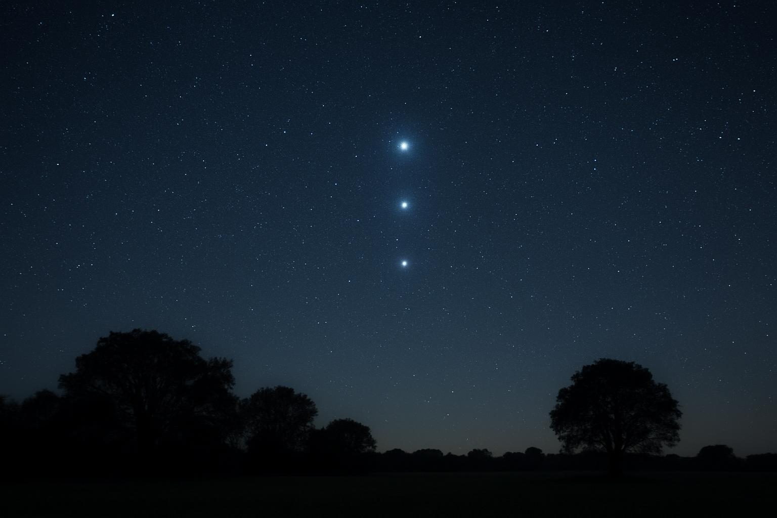 Céu noturno com três estrelas alinhadas, lembrando as Três Marias da cultura brasileira