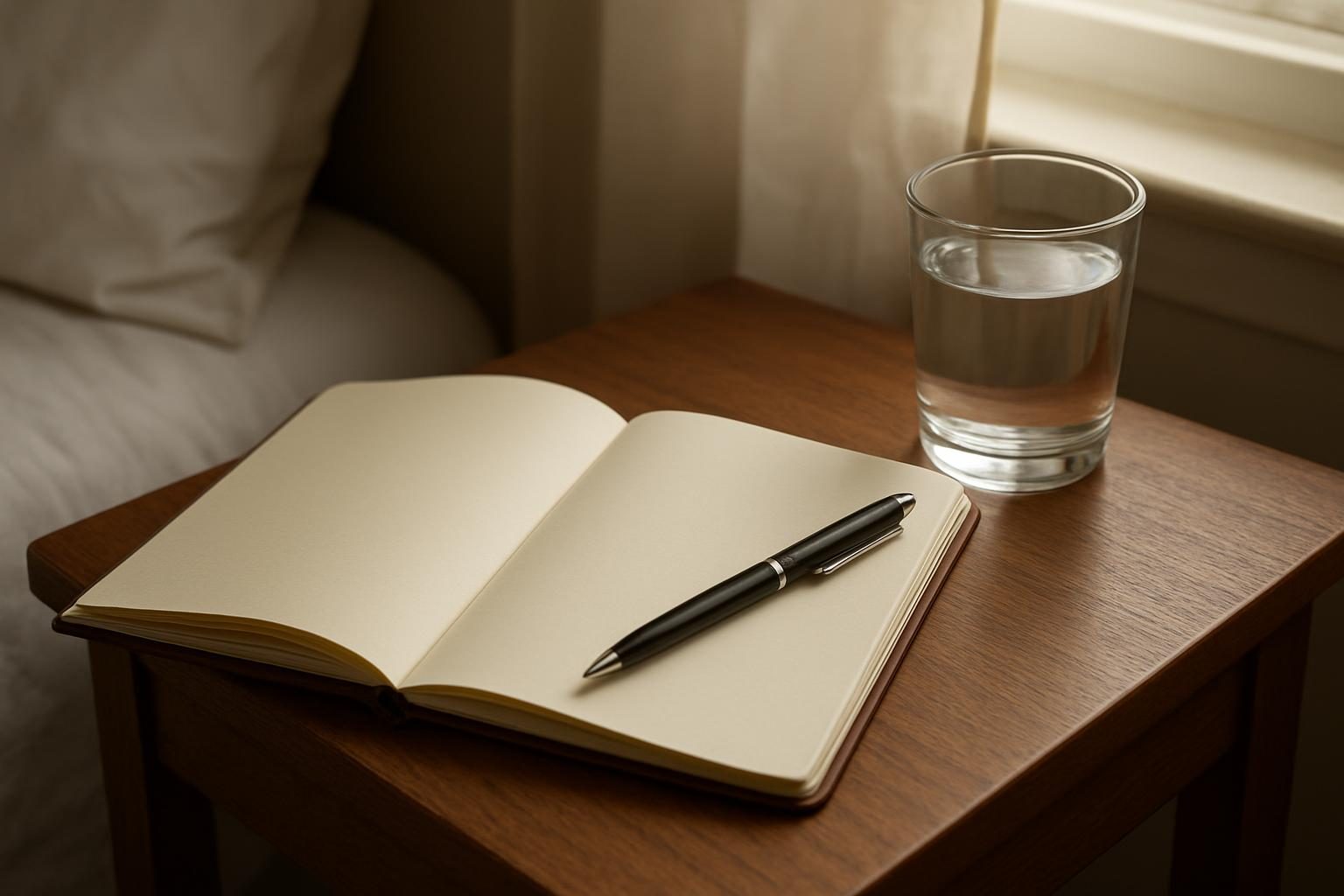 Caderno aberto ao lado da cama para anotar os sonhos ao acordar