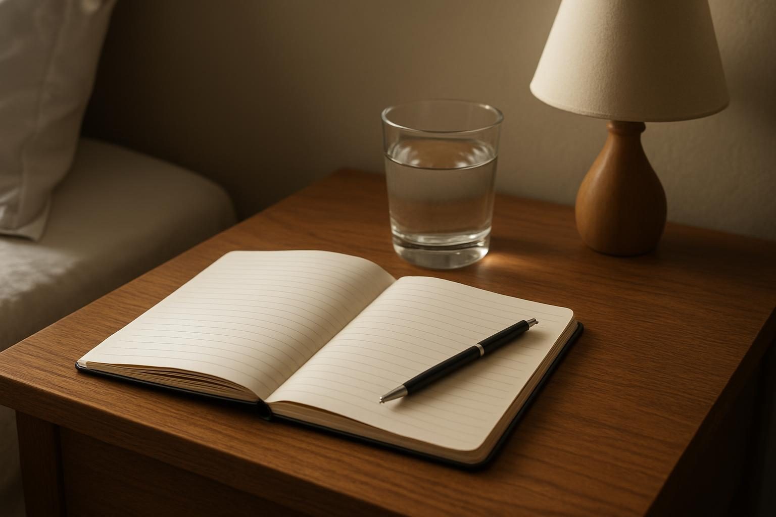 Caderno aberto na mesa de cabeceira para anotar os sonhos ao acordar