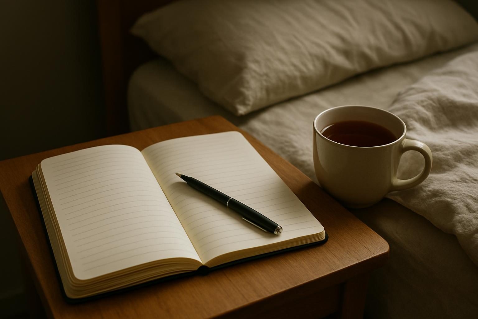 Caderno aberto e caneta na mesa de cabeceira para anotar sonhos ao acordar