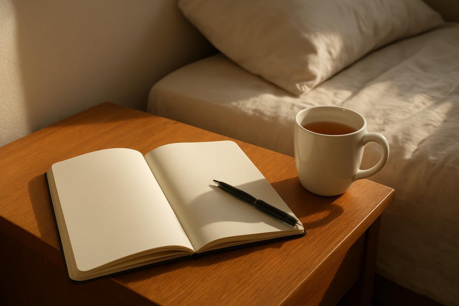 Caderno aberto e caneta na mesa de cabeceira para anotar os sonhos ao acordar