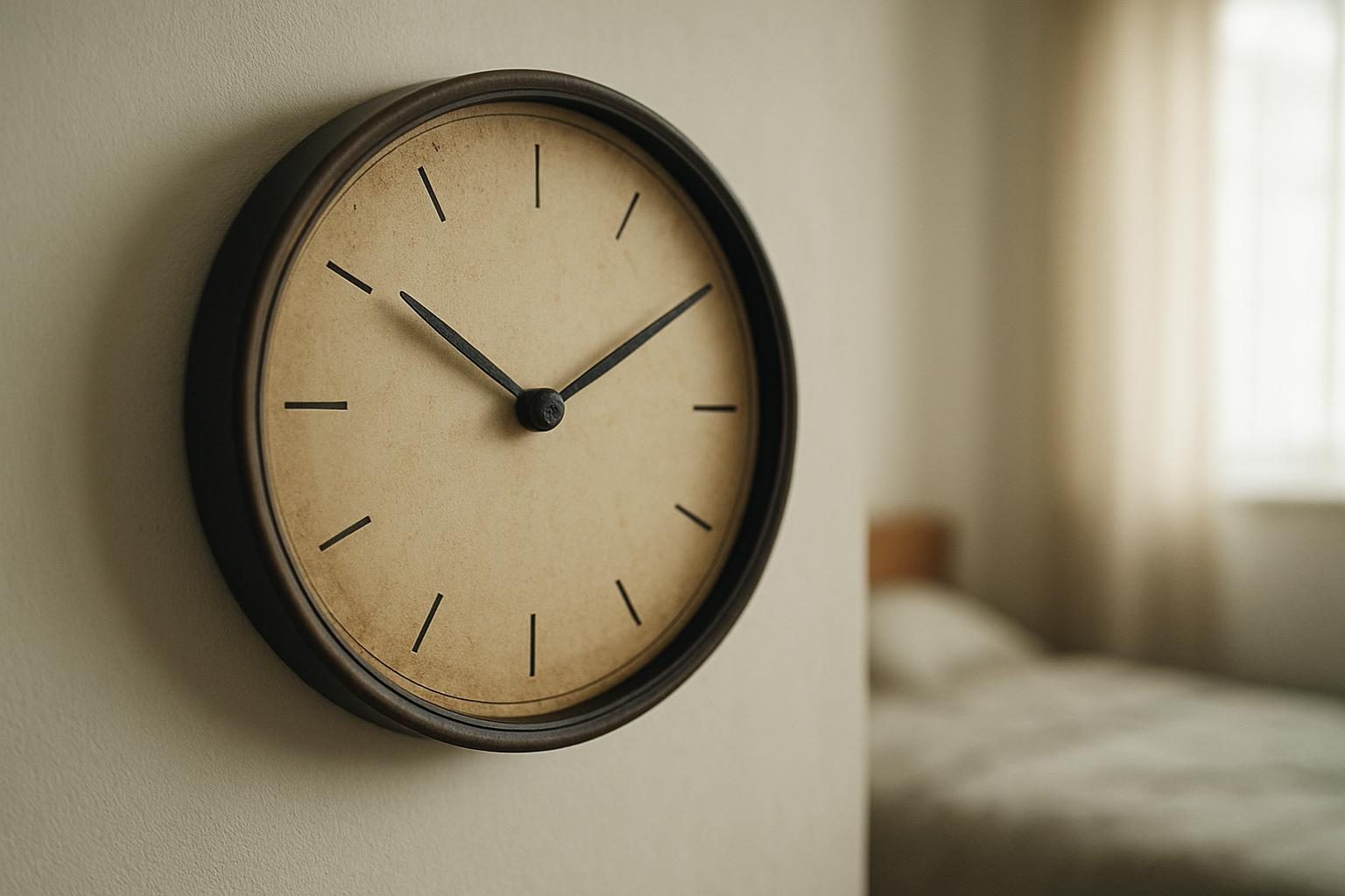 Relógio de parede antigo marcando nove horas em um quarto iluminado por luz natural