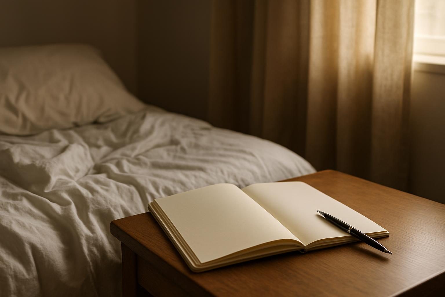 Caderno aberto e caneta na mesa de cabeceira para anotar sonhos ao acordar