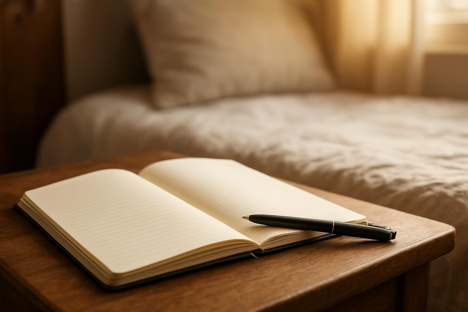Caderno aberto e caneta na mesa de cabeceira para anotar sonhos