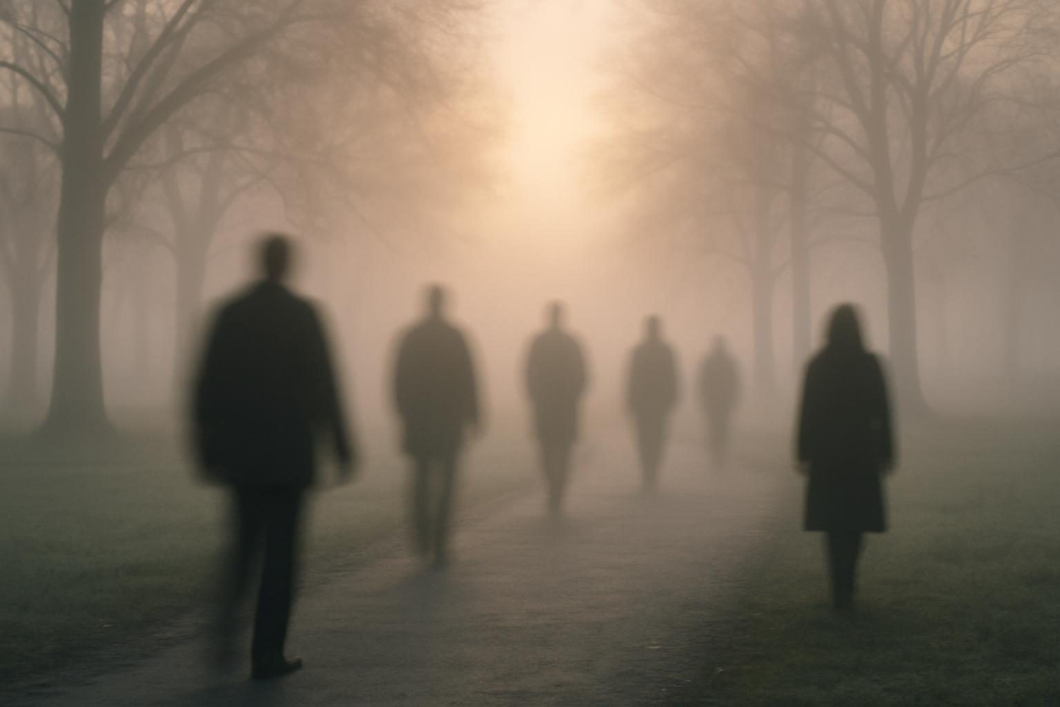 Silhuetas desfocadas de pessoas caminhando em um parque com neblina, lembrando a atmosfera de um sonho