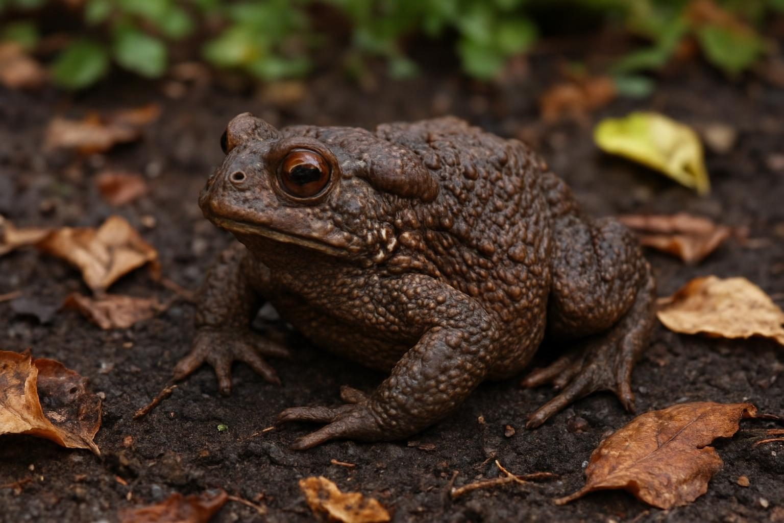 Sapo grande marrom sobre terra úmida entre folhas secas
