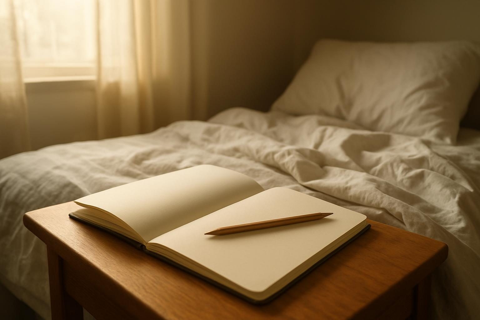 Caderno aberto na mesa de cabeceira para anotar sonhos ao acordar